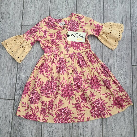utsa Other - Utsa Kids Yellow Pink Floral Eyelet Bell Sleeve Dress 2Y NWT